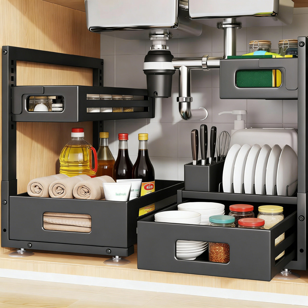 Pull-Out Under Sink Organizer, 17IN Depth, 8-Level Height Adjustable Metal Drawer, Black, 2-Pack